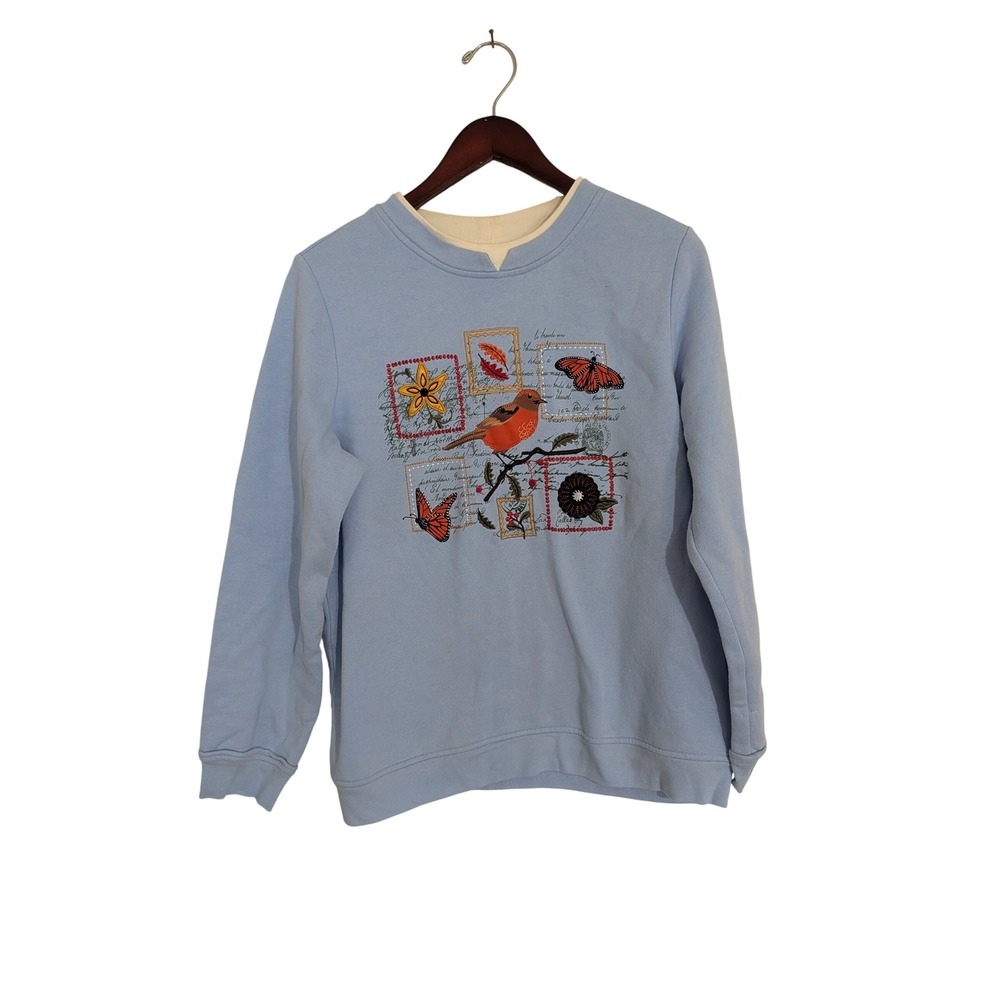Breckenridge Womens Blue Bird Butterfly Embroidered Sweatshirt M Cottagecore